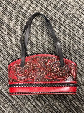 Red Tooled Floral Leather Shoulder Bag with Black Straps